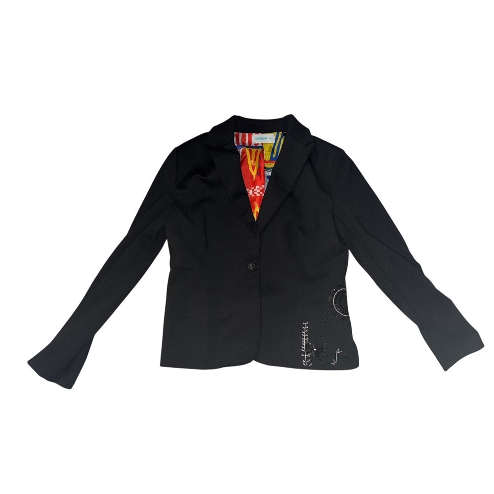 Desigual Black Embroidered Blazer Sz 40 One Button Minimalist Office Jacket